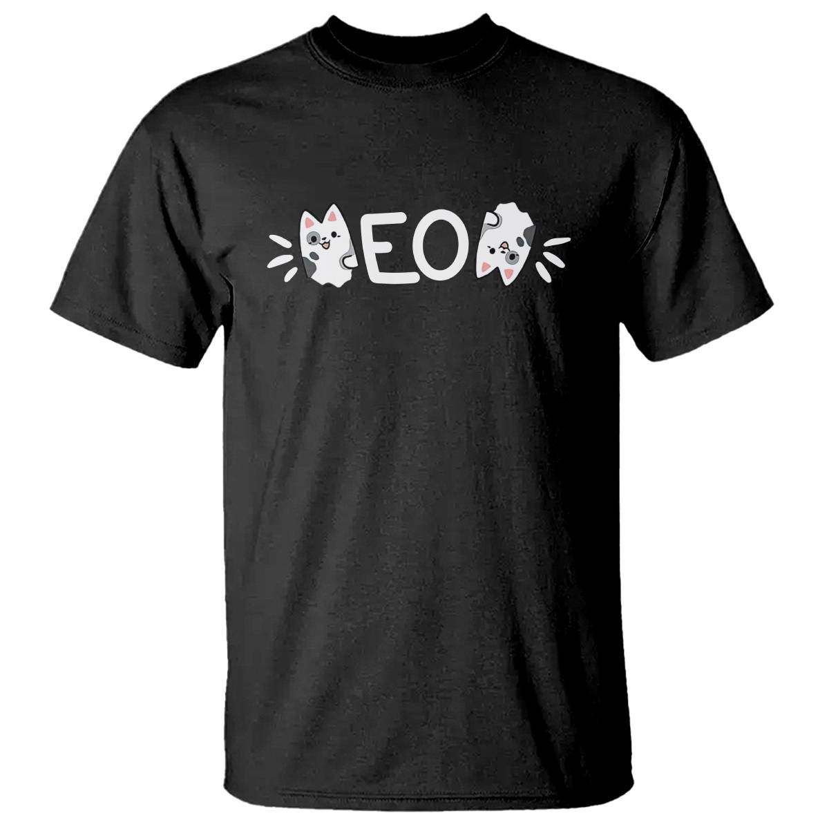 Black cat T-shirt with 'EO' graphic and cat faces across chest