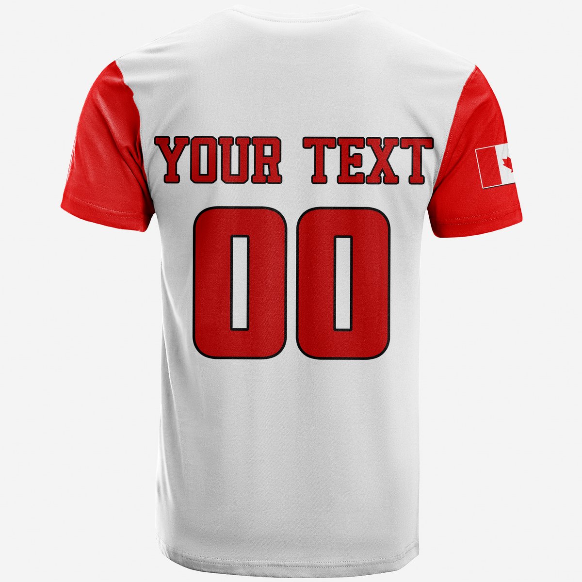 White baseball-style T-shirt with red sleeves, back Your Text and large 00 graphic