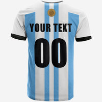 Back of striped soccer T-shirt with light blue and white vertical stripes, 00 and 'YOUR TEXT'