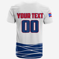 White T-shirt back with YOUR TEXT 00 print and Puerto Rico flag, blue wave hem.