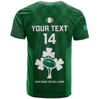 Green personalized back rugby t-shirt with 'YOUR TEXT' 14, shamrock and ball print
