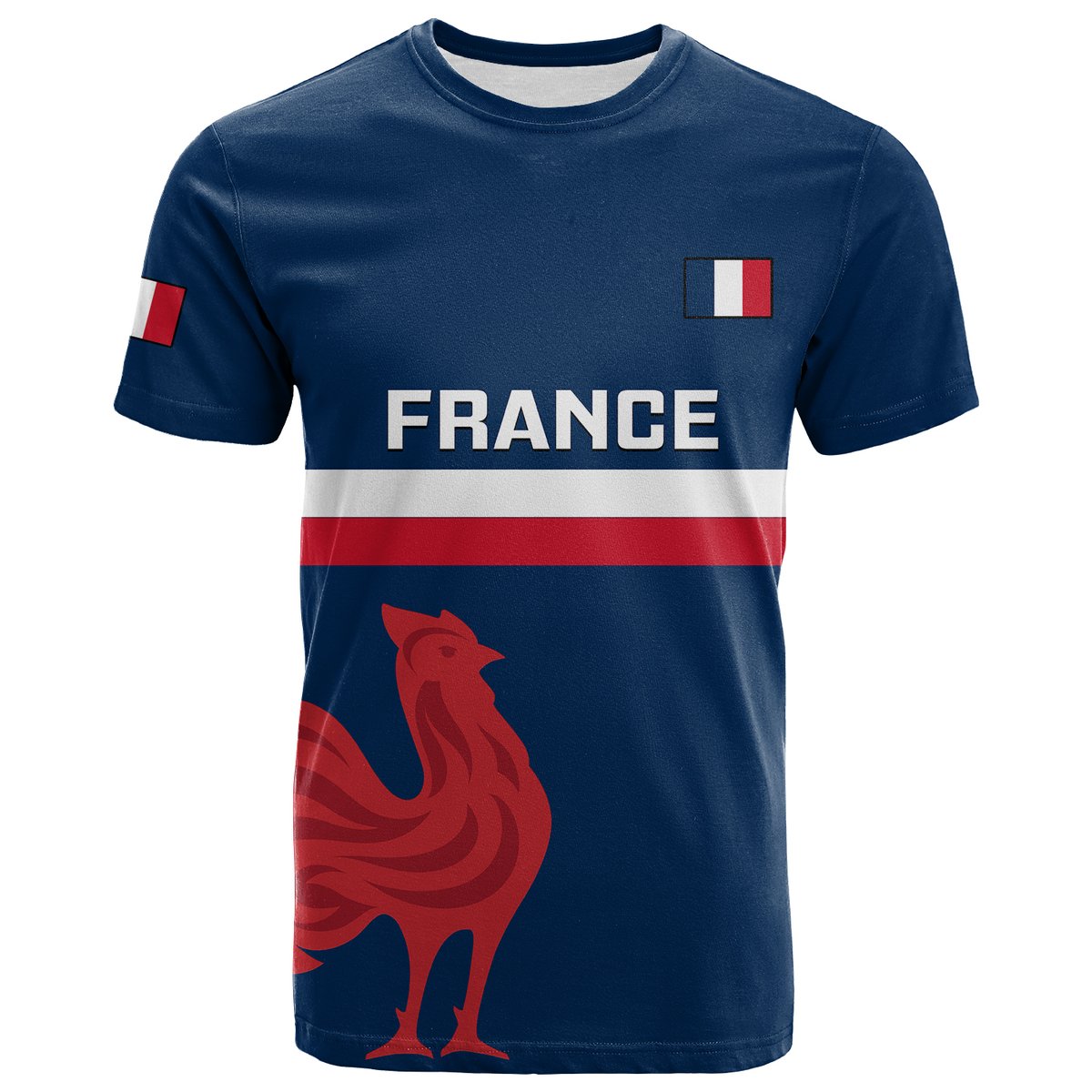 Blue France rugby T-shirt with FRANCE print, rooster graphic, flag patch and sleeve accent