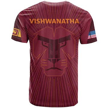 Maroon crew-neck graphic T-shirt with large lion head print and VISHWANATHA text