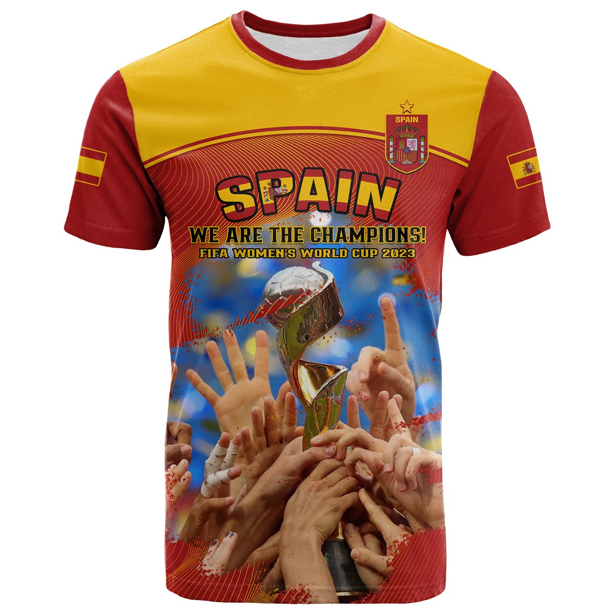 Red and yellow Spain football T-shirt with Spain text and trophy graphic on front