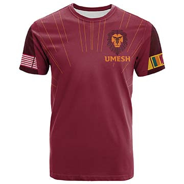 Maroon crew-neck graphic T-shirt with Umesh logo on chest and lion emblem