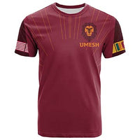 Maroon crew-neck graphic T-shirt with Umesh logo on chest and lion emblem