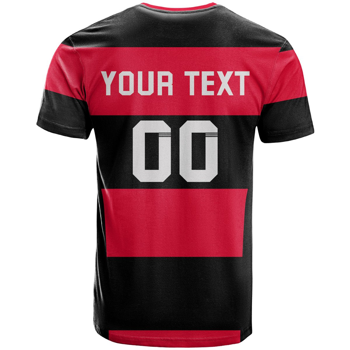 Kids' Flamengo t-shirt back close-up, YOUR TEXT and large 00 on red panel