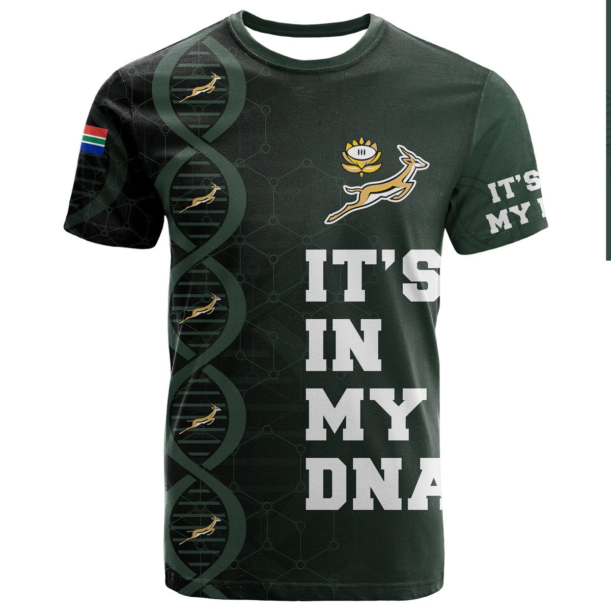 South Africa Springboks DNA T-shirt in dark green with 'IT'S IN MY DNA' graphic and bull emblem