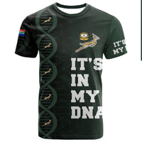 South Africa Springboks DNA T-shirt in dark green with 'IT'S IN MY DNA' graphic and bull emblem