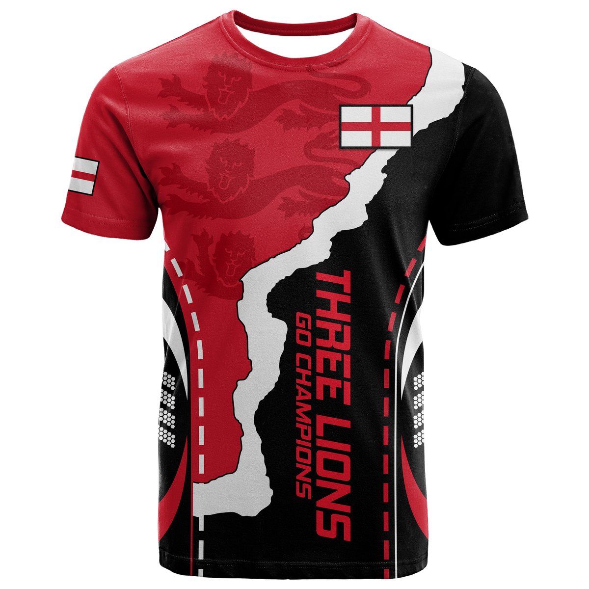 Red and black England map graphic T-shirt with flag badge, crew neck, short sleeves