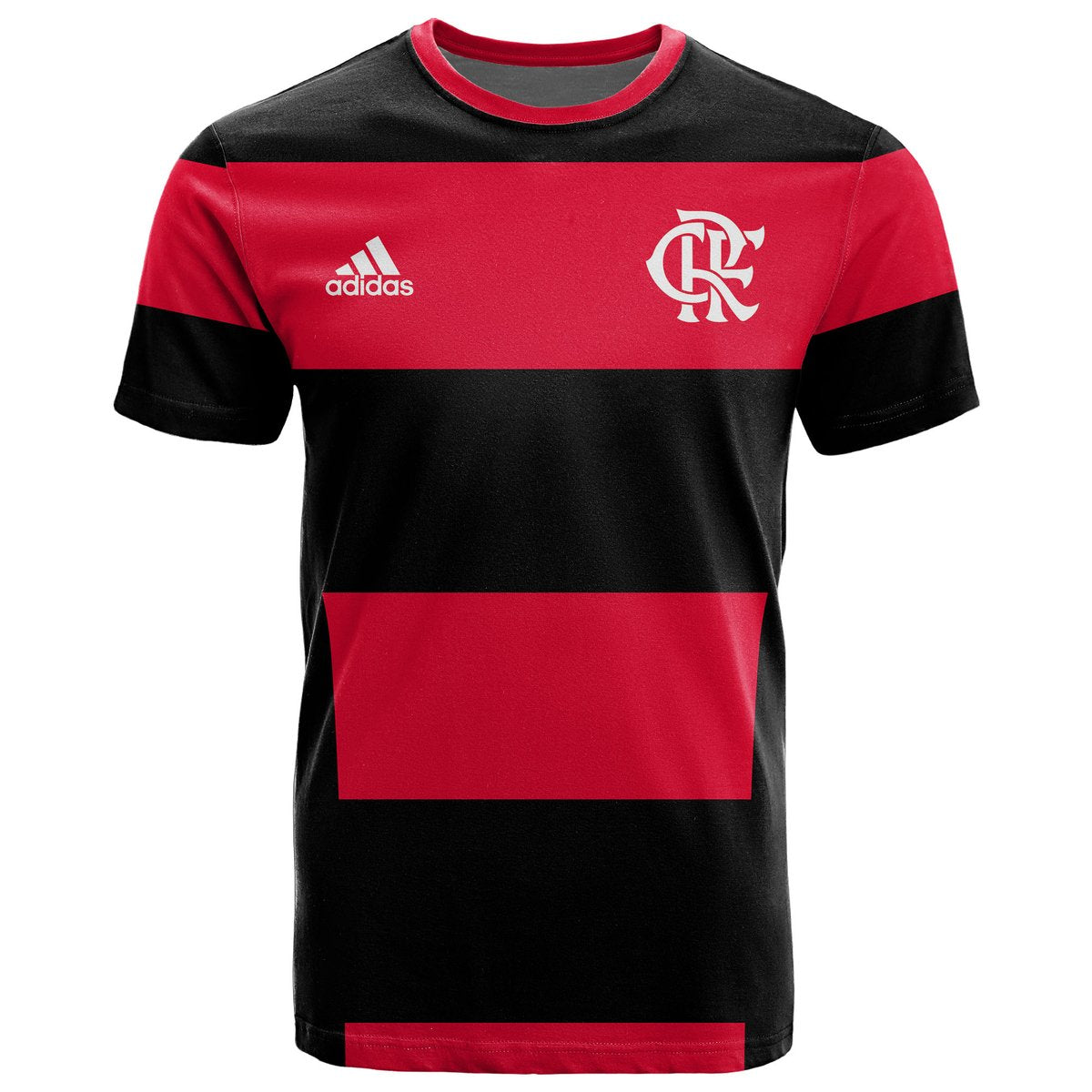 Kids' Flamengo t-shirt front close-up, red/black with adidas and CRF crest