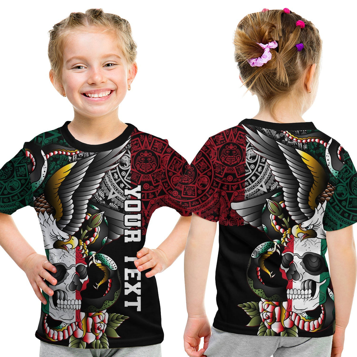 Kids black T-shirt shown front and back with eagle, skull, and snake artwork