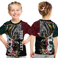 Kids black T-shirt shown front and back with eagle, skull, and snake artwork