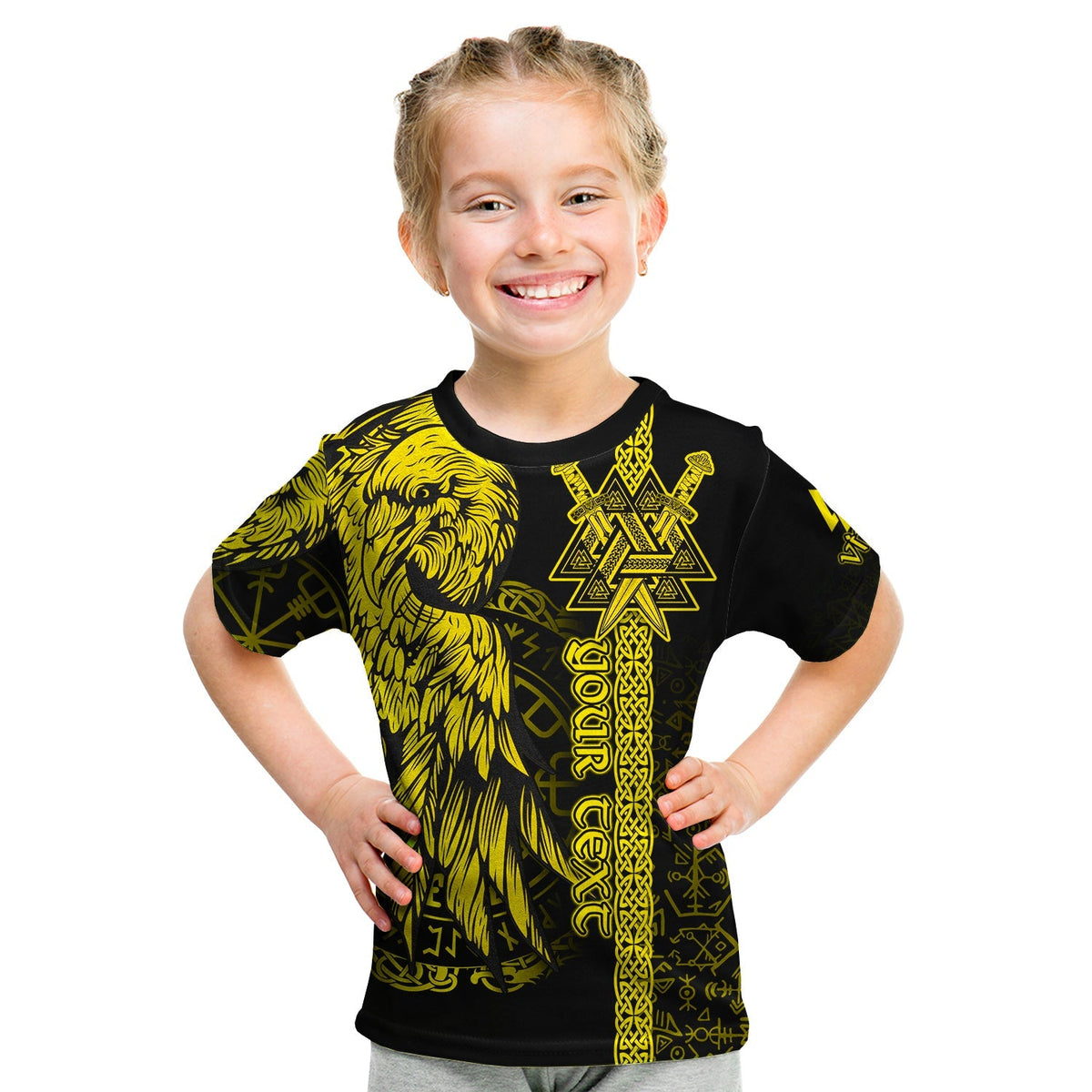 Kids black T-shirt with yellow/gold Viking raven and knot graphic, crew neck