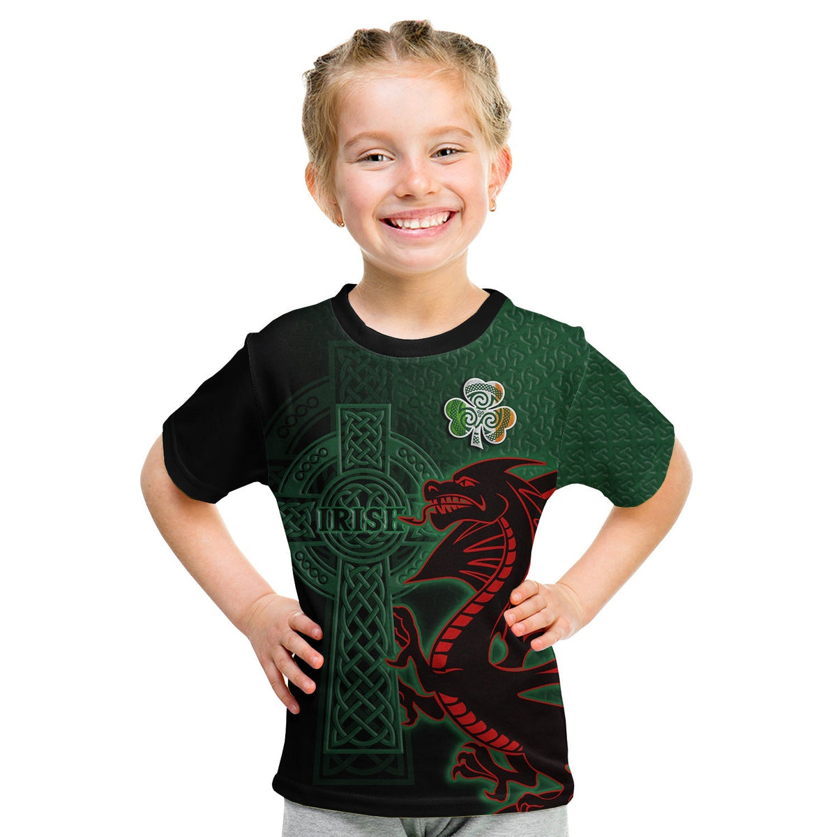 Kids black T-shirt with green/red Irish dragon and shamrock Celtic cross graphic