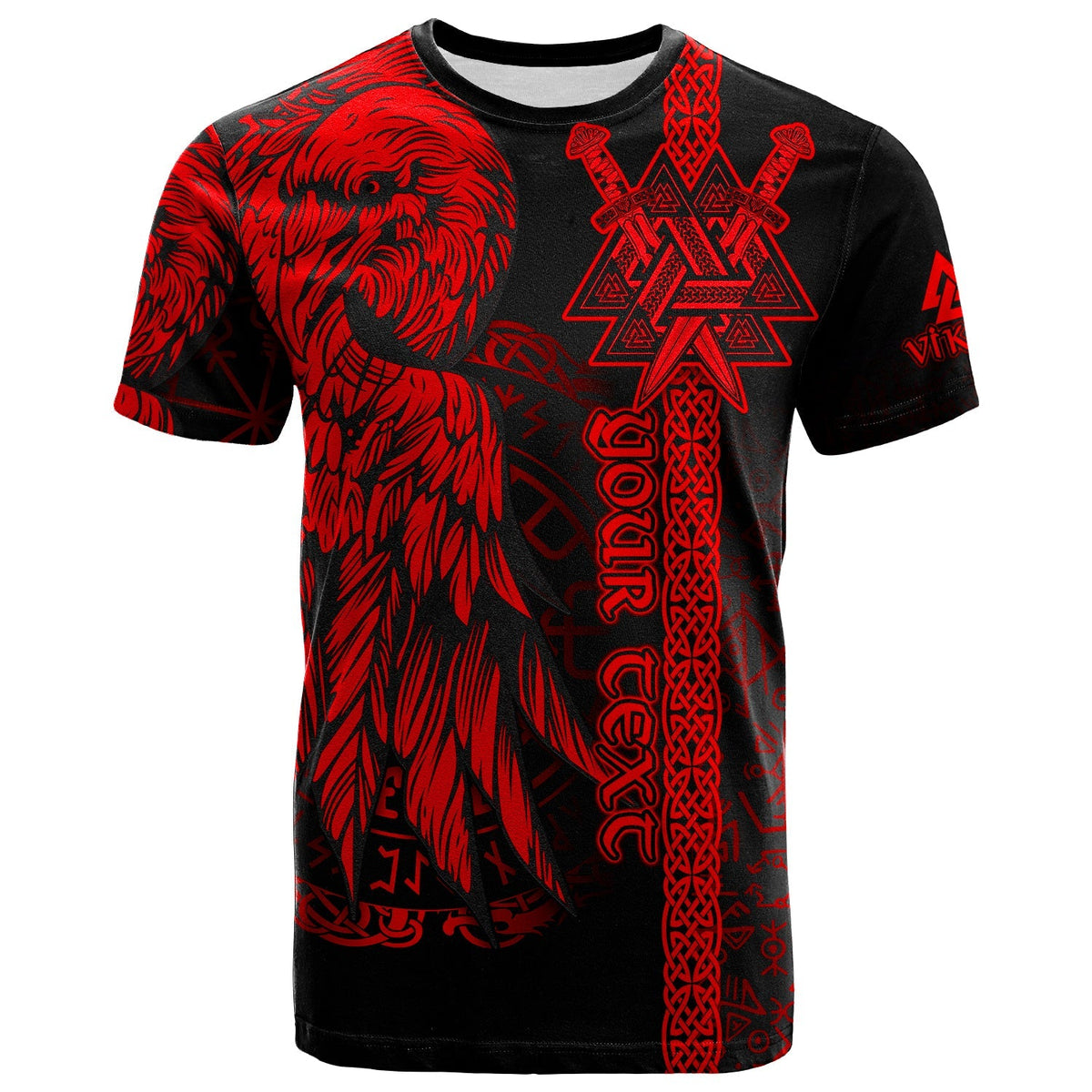 Black t-shirt with red Viking raven and Celtic knot graphic on the front.