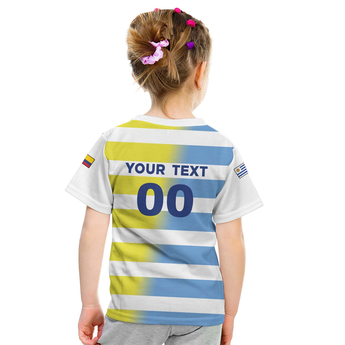 Kids' yellow and blue striped short-sleeve T-shirt, back with text and 00