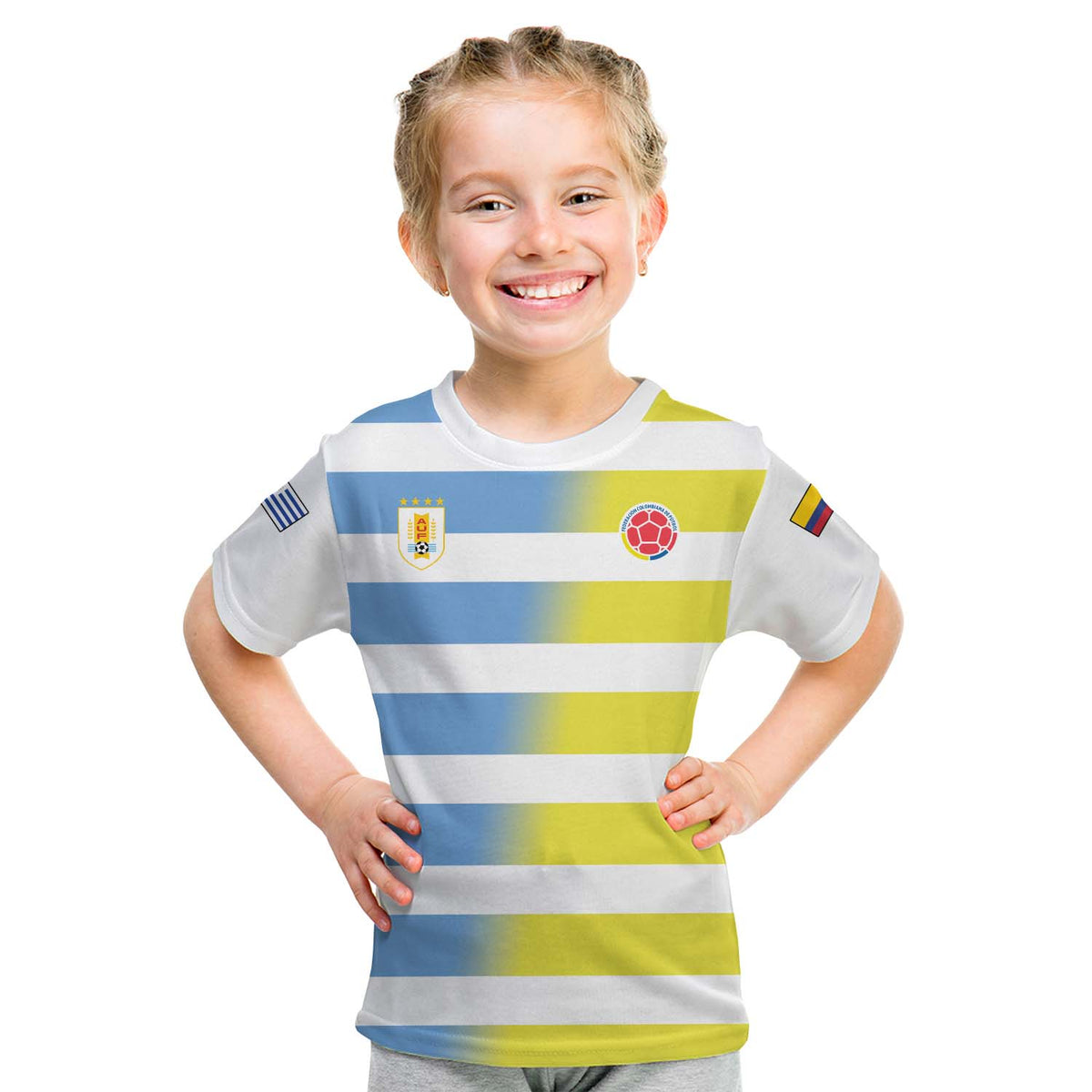 Kids' yellow and blue striped short-sleeve T-shirt with front crest and soccer ball patch