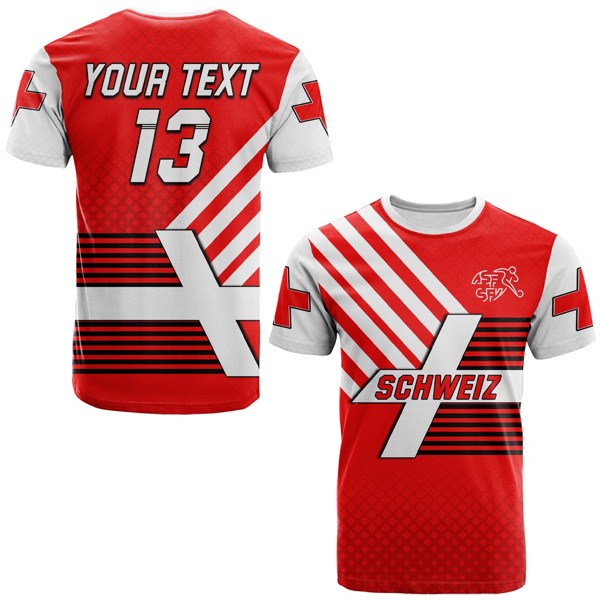 Red football T-shirt with white sleeves; large Your Text 13 and Schweiz front graphic