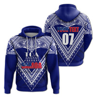 Blue pullover hoodie with white tribal pattern and 'YOUR TEXT 07' graphic, hood & drawstrings