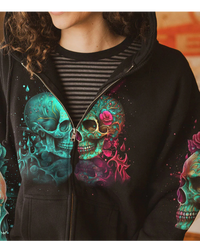 Black zip-up hoodie with colorful twin skull and rose graphic, full front zipper