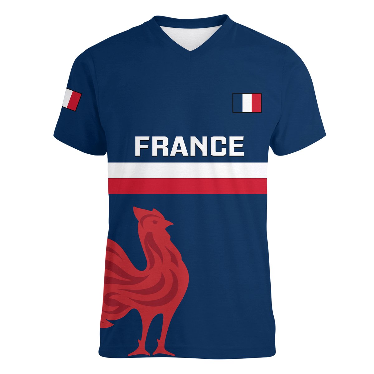 Blue V-neck rugby T-shirt, 'FRANCE' logo, red rooster graphic, flag patches