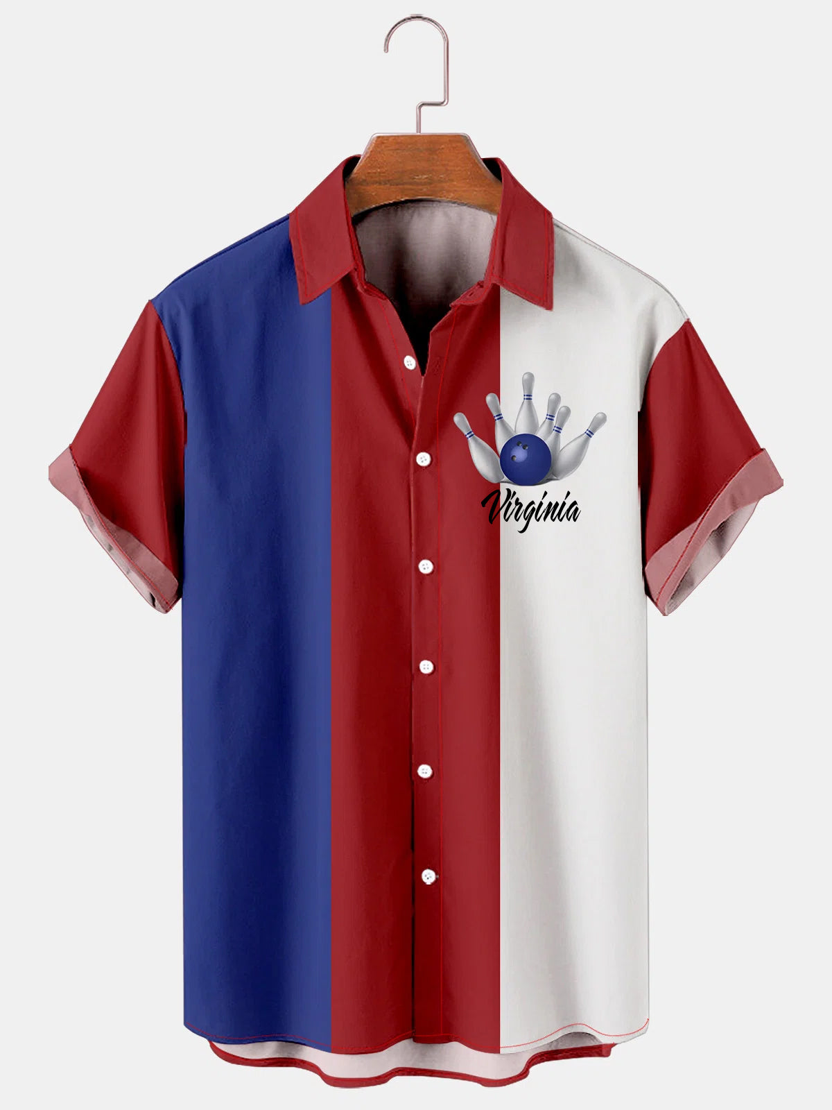 Kids Hawaiian shirt with red, white, and blue vertical stripes, button-up, embroidered Virginia