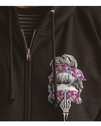 Black zip hoodie with pink skull graphic and silver zipper