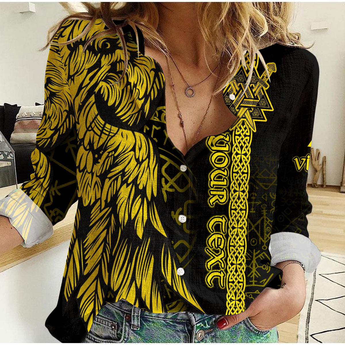 Women's casual shirt, black with yellow raven and runic symbols, button-front