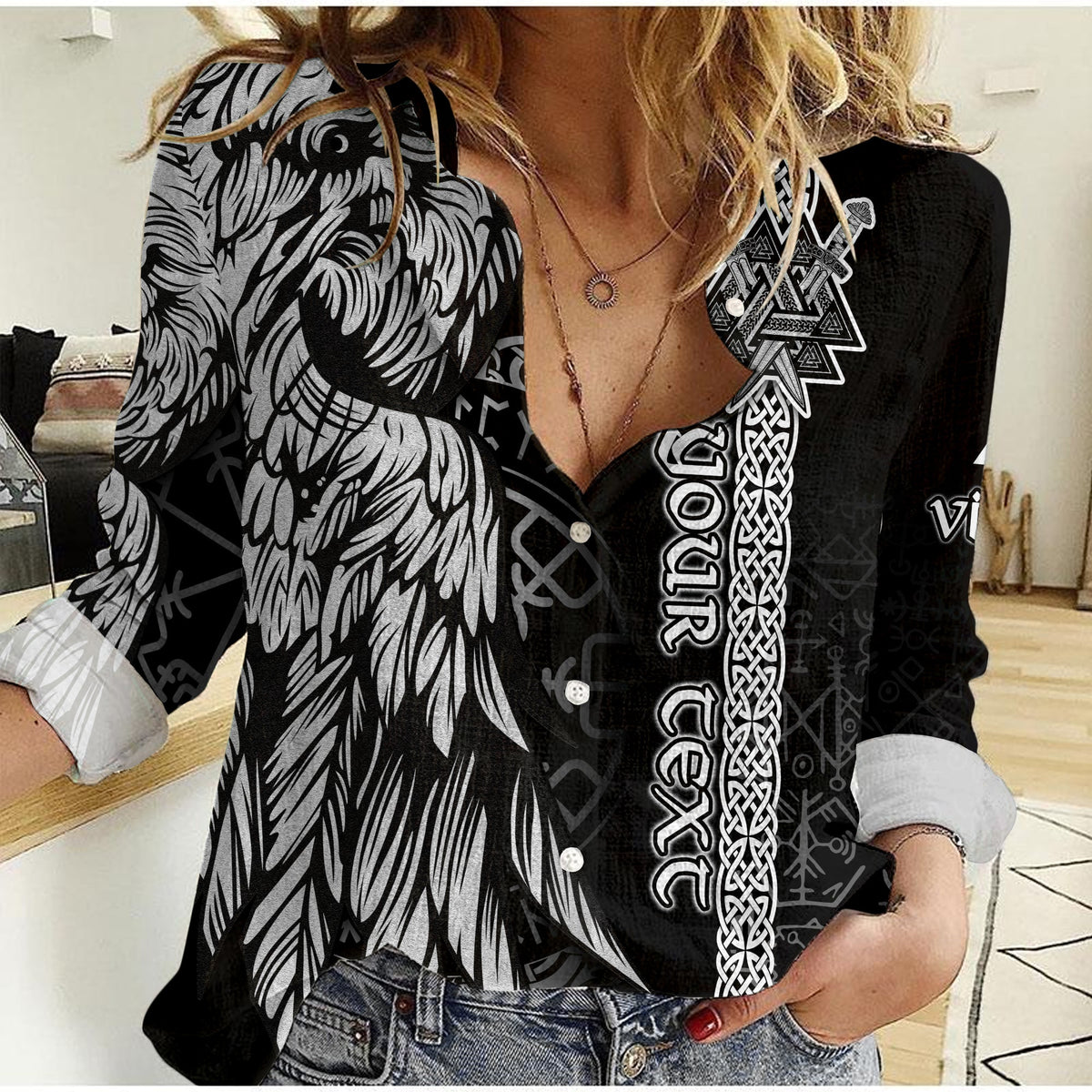Women's black casual button-up shirt with white raven and Celtic knot print