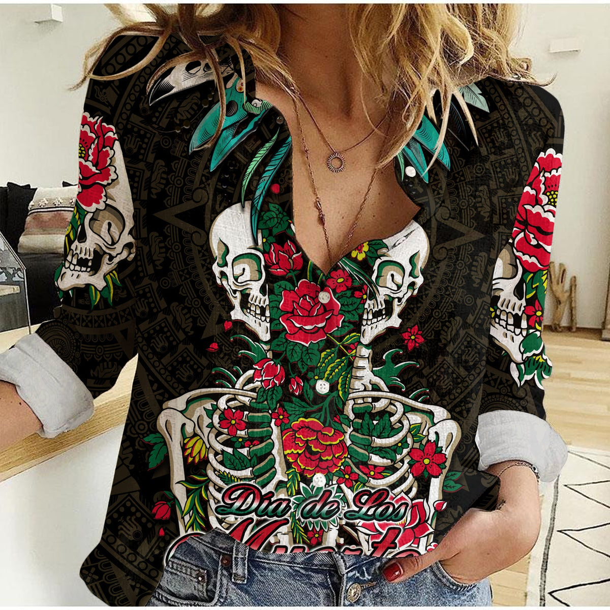 Black long-sleeve casual shirt with floral skulls and Dia de los Muertos front graphic