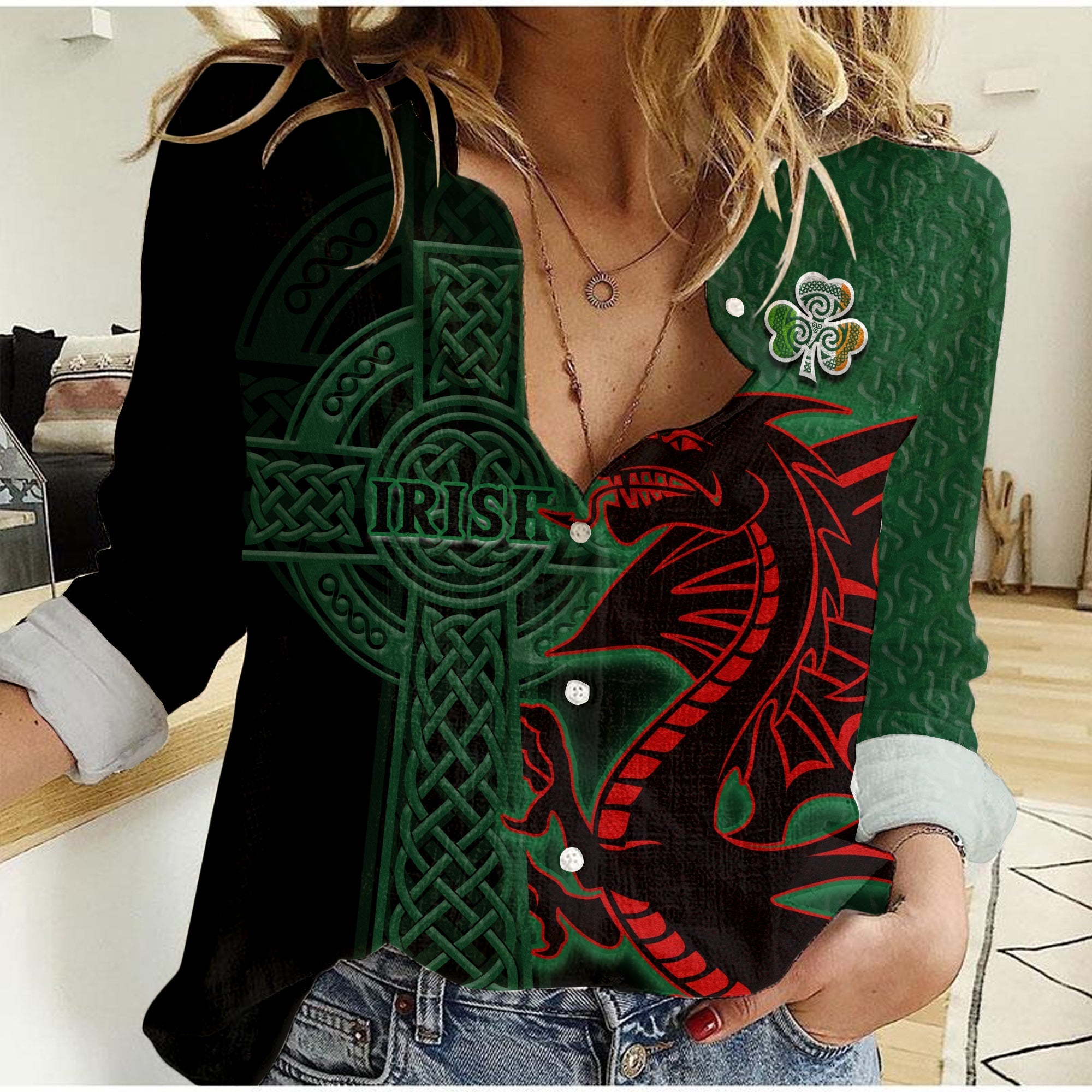 custom-ireland-women-casual-shirt-the-shamrock-celtic-cross-mix-dragon