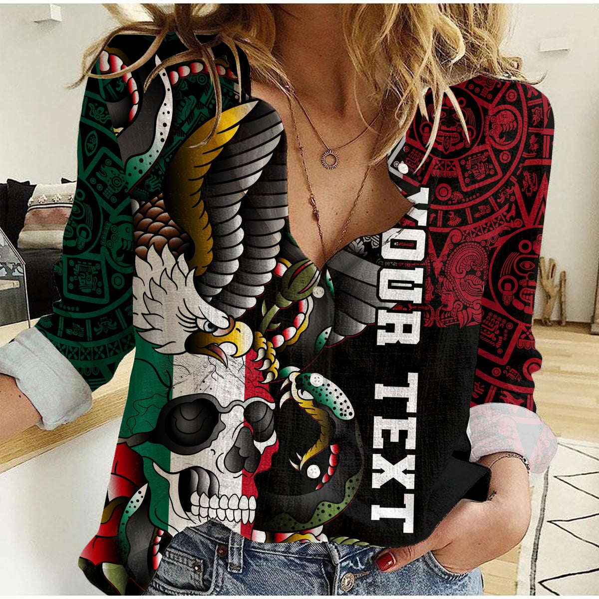Women’s casual shirt in black with colorful skull eagle and snake graphic, long sleeves