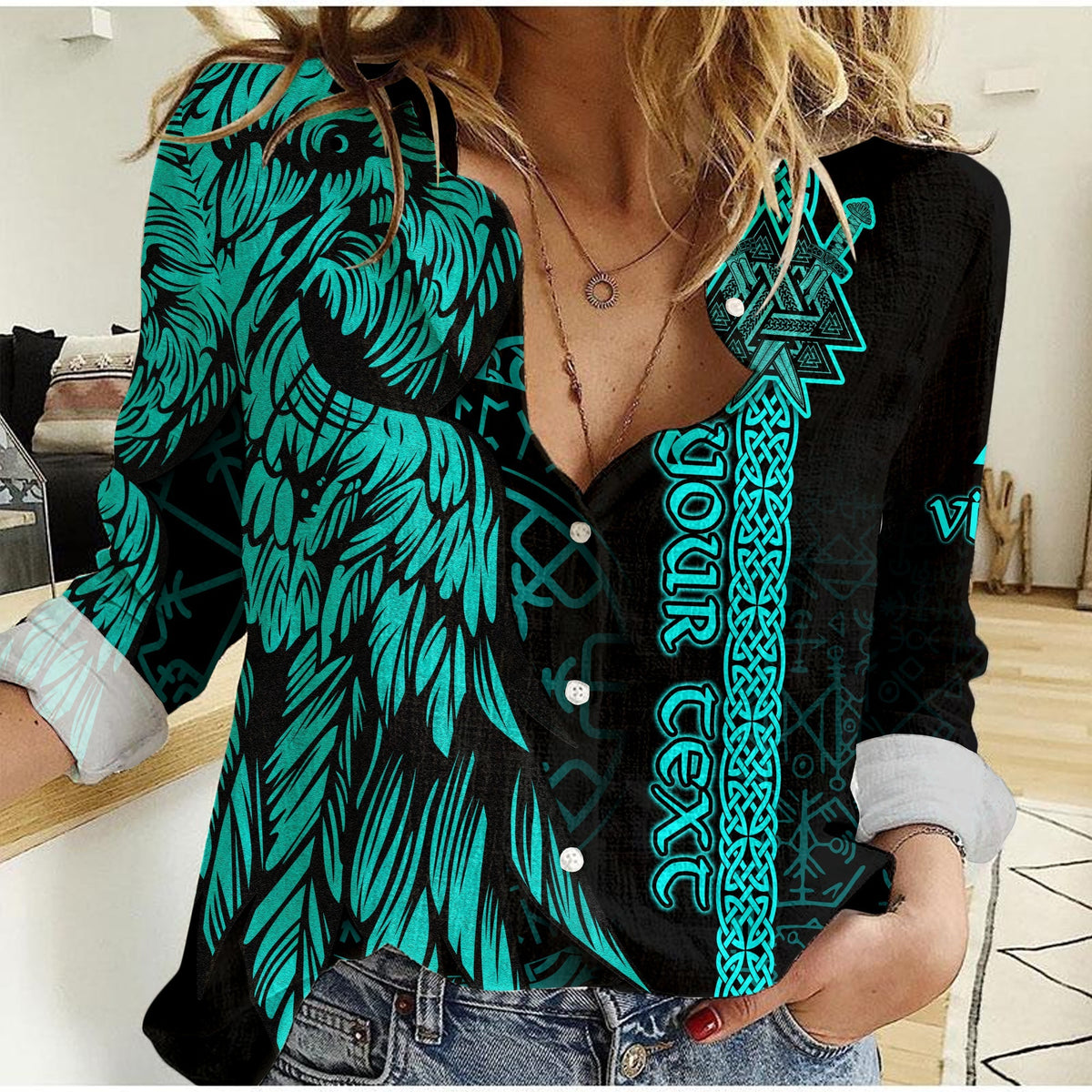 Women’s long-sleeve casual button shirt with turquoise Viking-style symbol print
