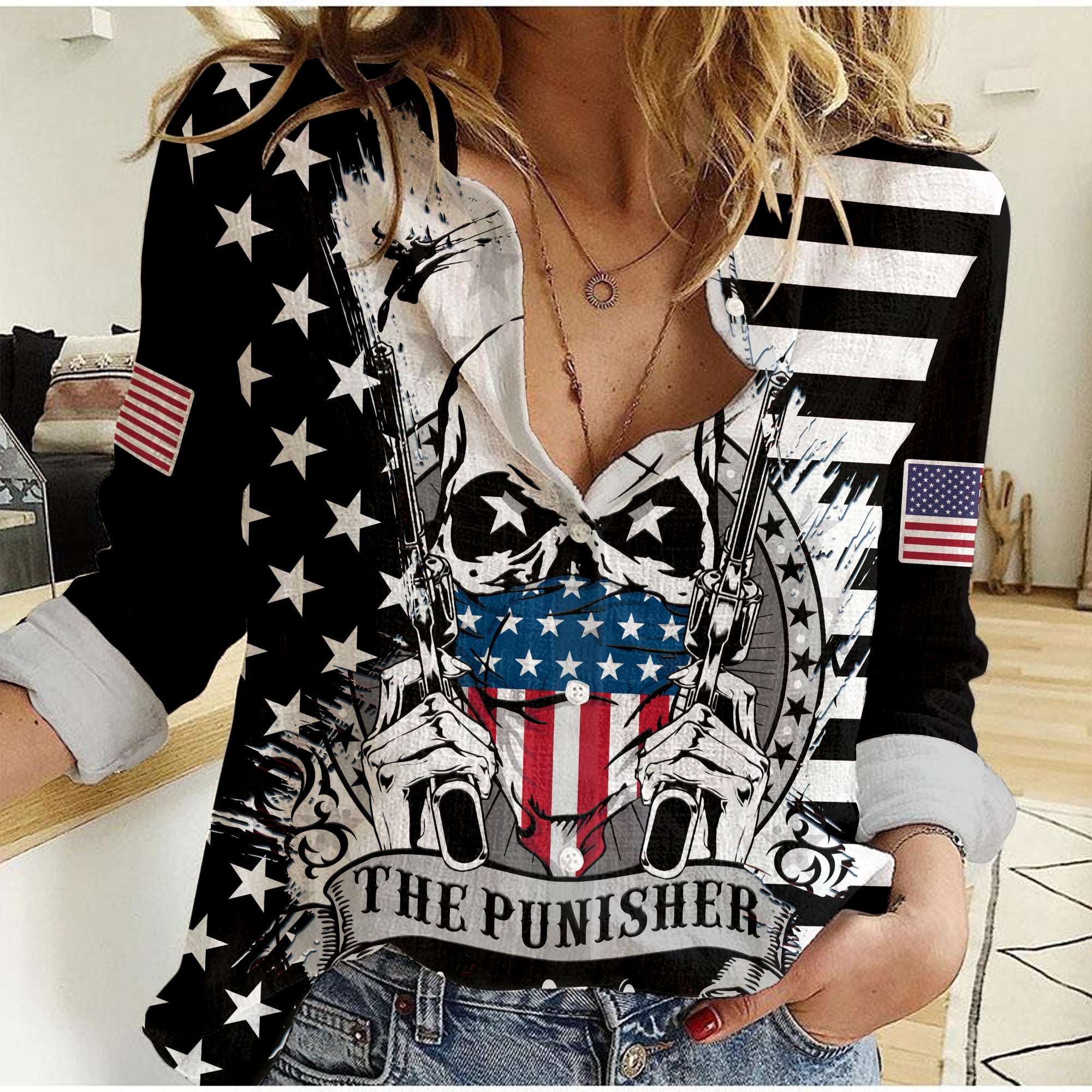 america-women-casual-shirt-american-flag-punisher-skull-grunge-style