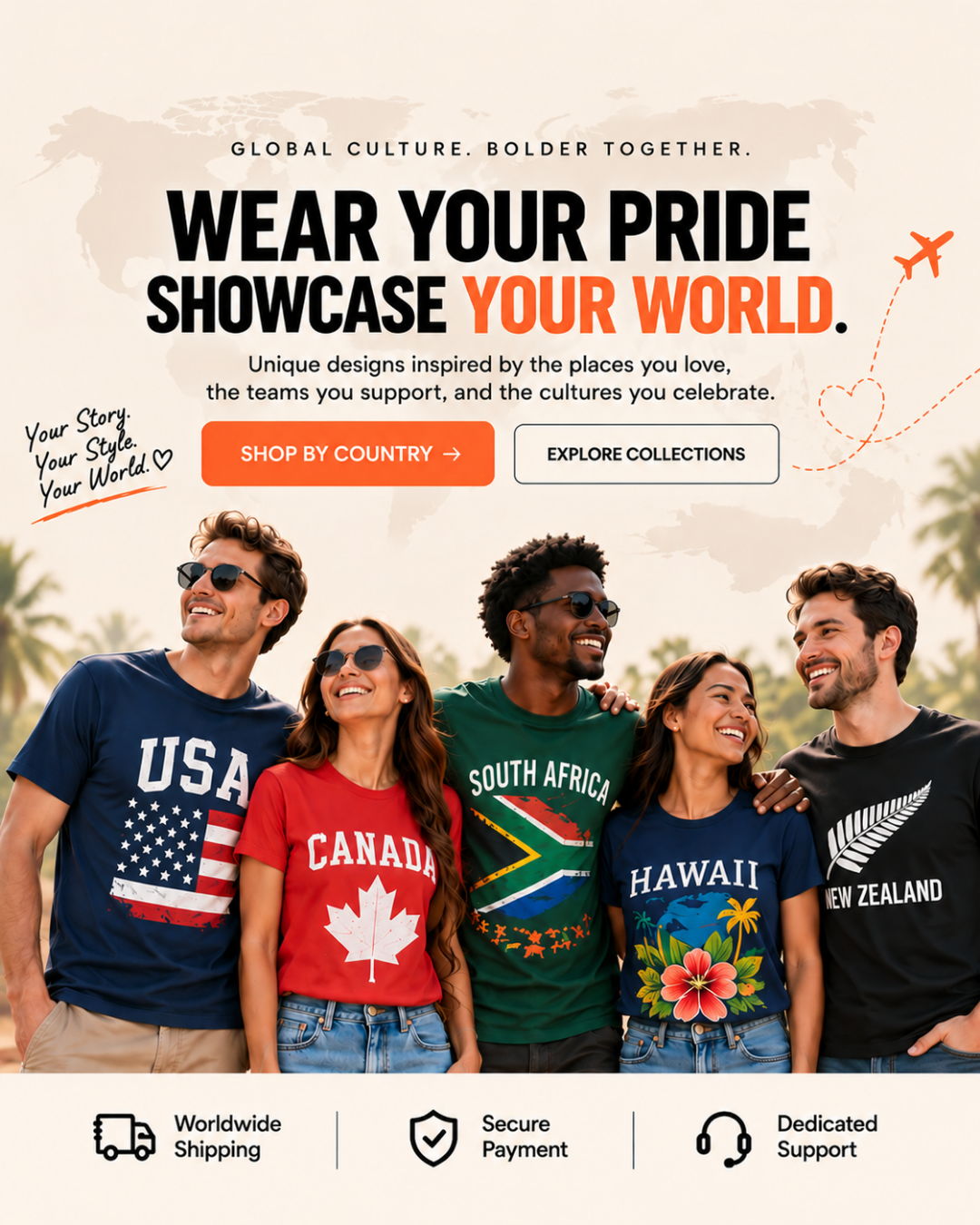 Promotional banner for a global apparel collection featuring five diverse models wearing country-themed t-shirts (USA, Canada, South Africa, Hawaii, New Zealand) against a warm beige background with travel-themed graphics.