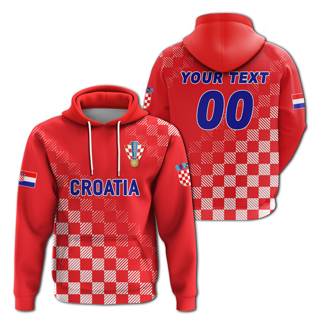Red pullover hoodie set, front and back views with hood, drawstrings, Croatia text
