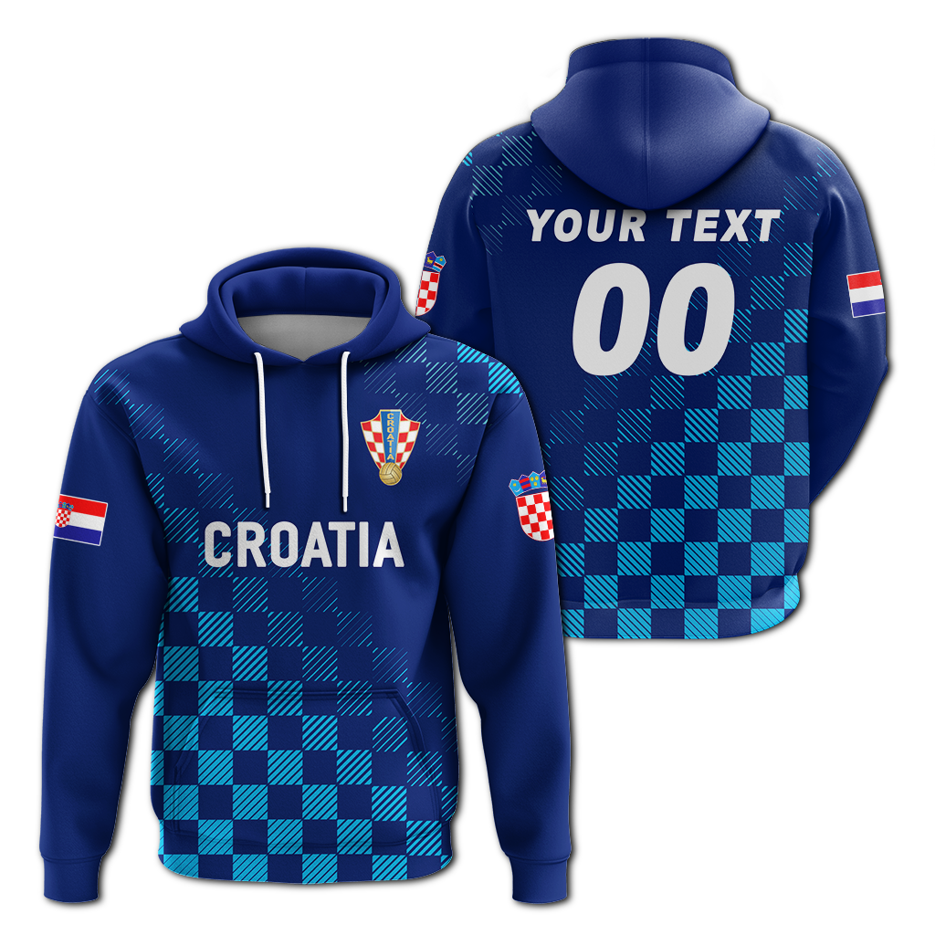 Blue pullover hoodie set: front CROATIA text, back YOUR TEXT 00 with checkered panels