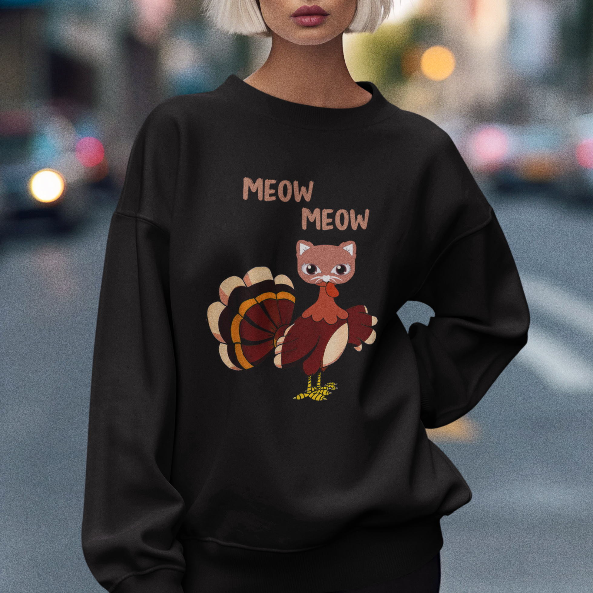 Thanksgiving Cat Lover Sweatshirt Funny Turkey Fake Meow Meow - Wonder Print Shop