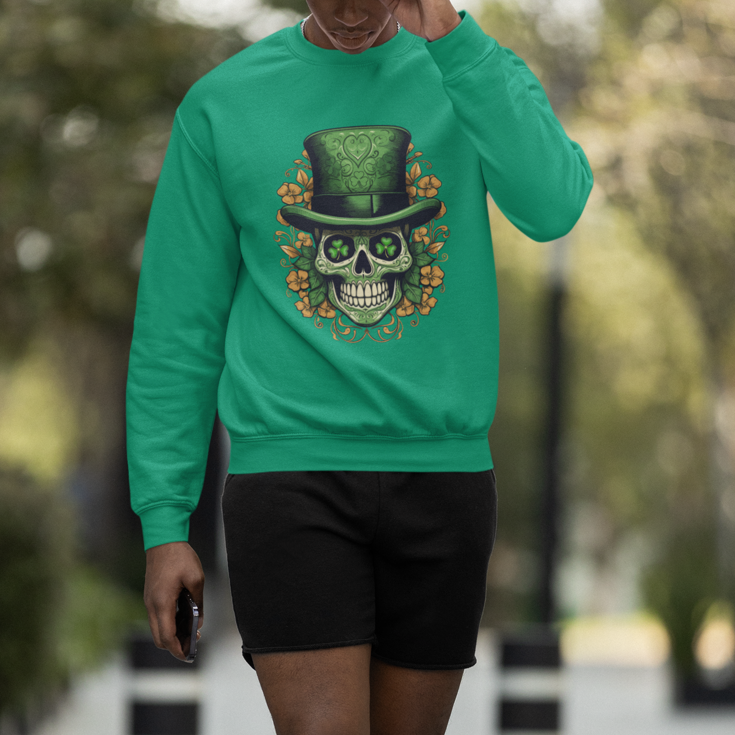 St. Patrick's Day Sweatshirt Irish Sugar Skull Lucky Hat Shamrocks - Wonder Print Shop