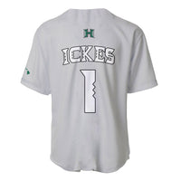 Light gray baseball jersey, back view, KICKS graphic and H logo