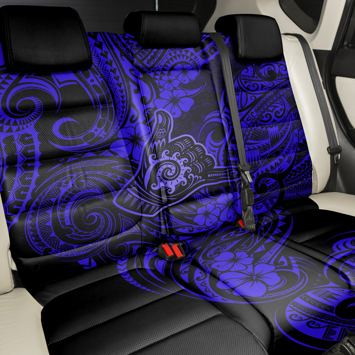 Navy blue Polynesian hibiscus seat cover with swirl pattern, car back row