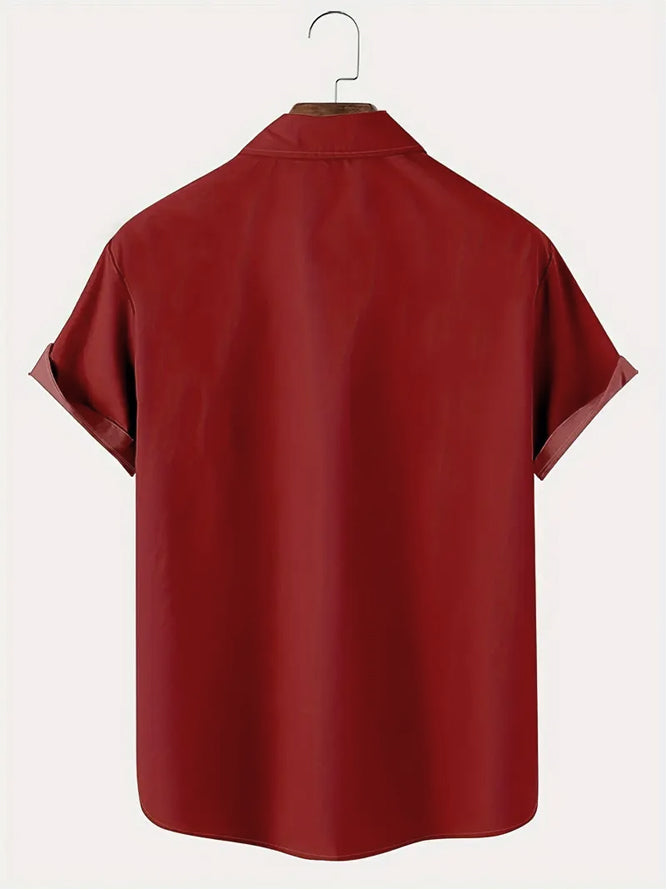 Red short-sleeve Hawaiian button-up shirt, back view, fold-over collar and straight hem