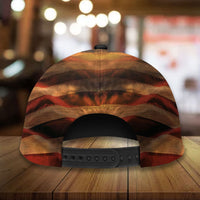 Back view of wood-grain American flag baseball cap with black snap strap
