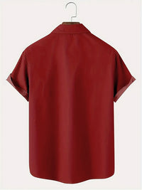 Red short-sleeve Hawaiian button-up shirt, back view, fold-over collar and straight hem