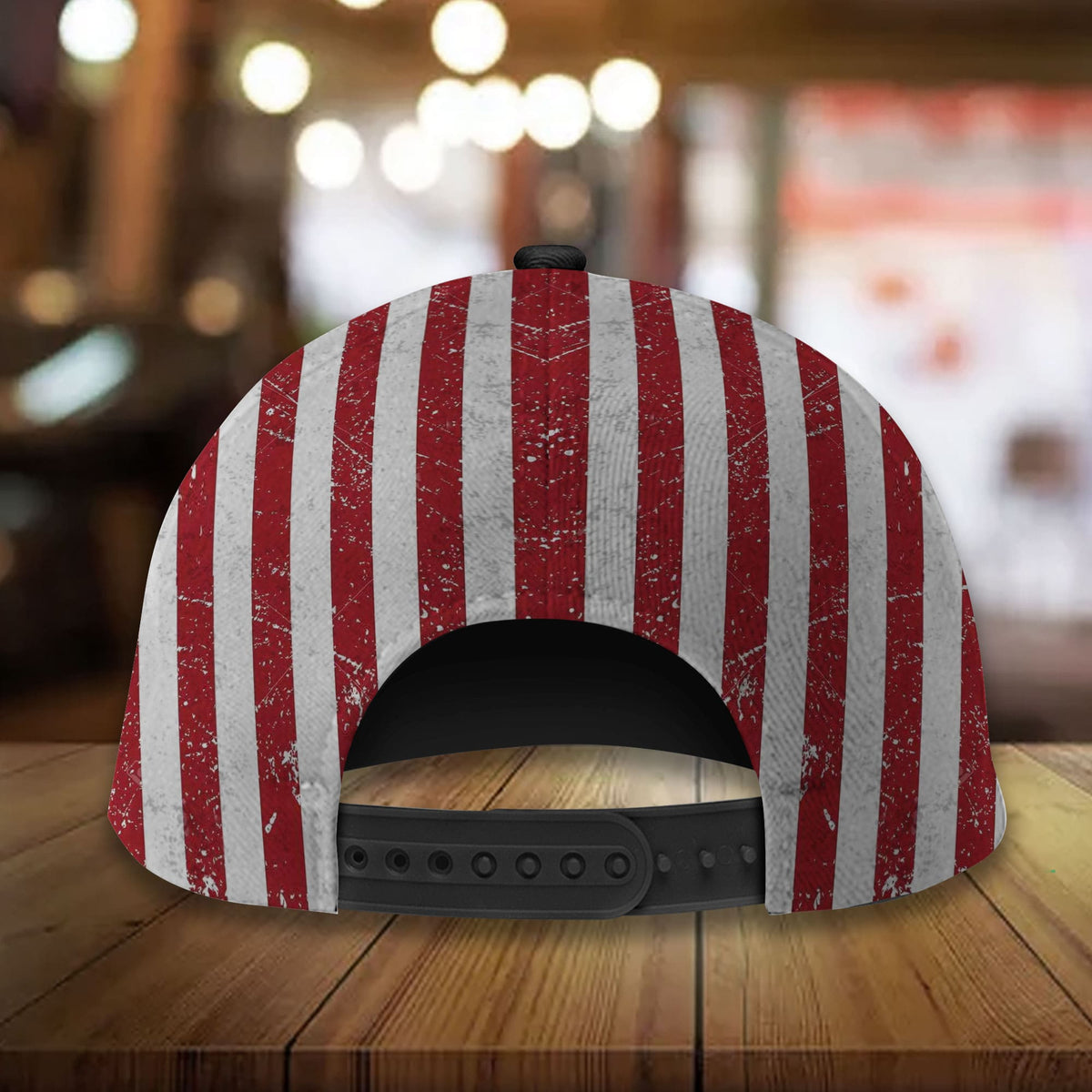 Striped baseball cap back panel, red-and-white vertical stripes with black snapback