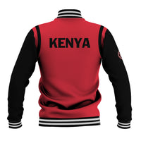 Back view of red baseball jacket with black sleeves, striped ribbed hem cuffs, large KENYA print
