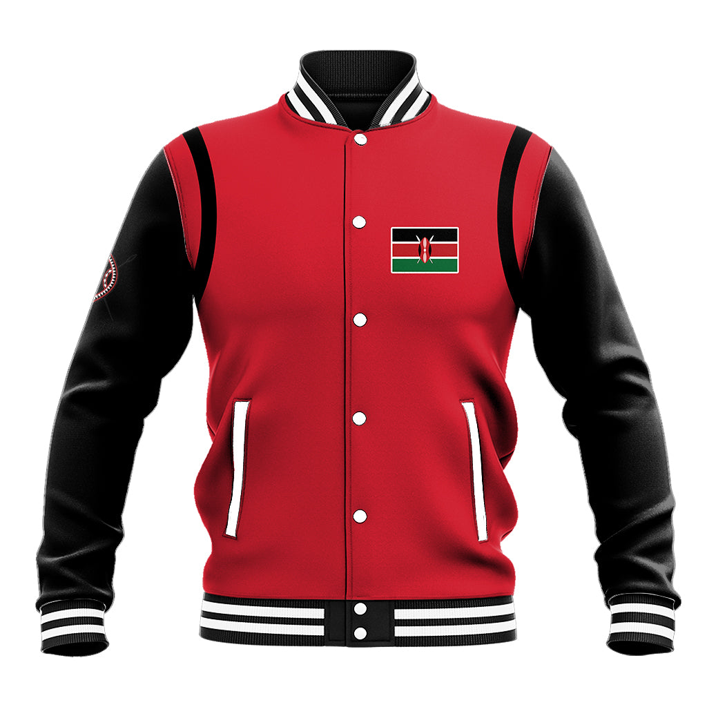Red and black baseball jacket with striped ribbed collar, snap buttons, Kenya flag crest