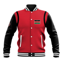 Red and black baseball jacket with striped ribbed collar, snap buttons, Kenya flag crest