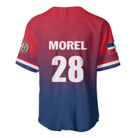 Baseball jersey with MOREL and number 28 on the back, red sleeves and blue hem
